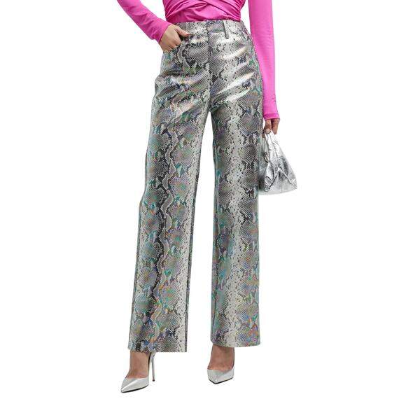 Rotate Birger Christensen Silver Viscose Snake Pu Straight Pants Size 34 - Picture 1 of 5